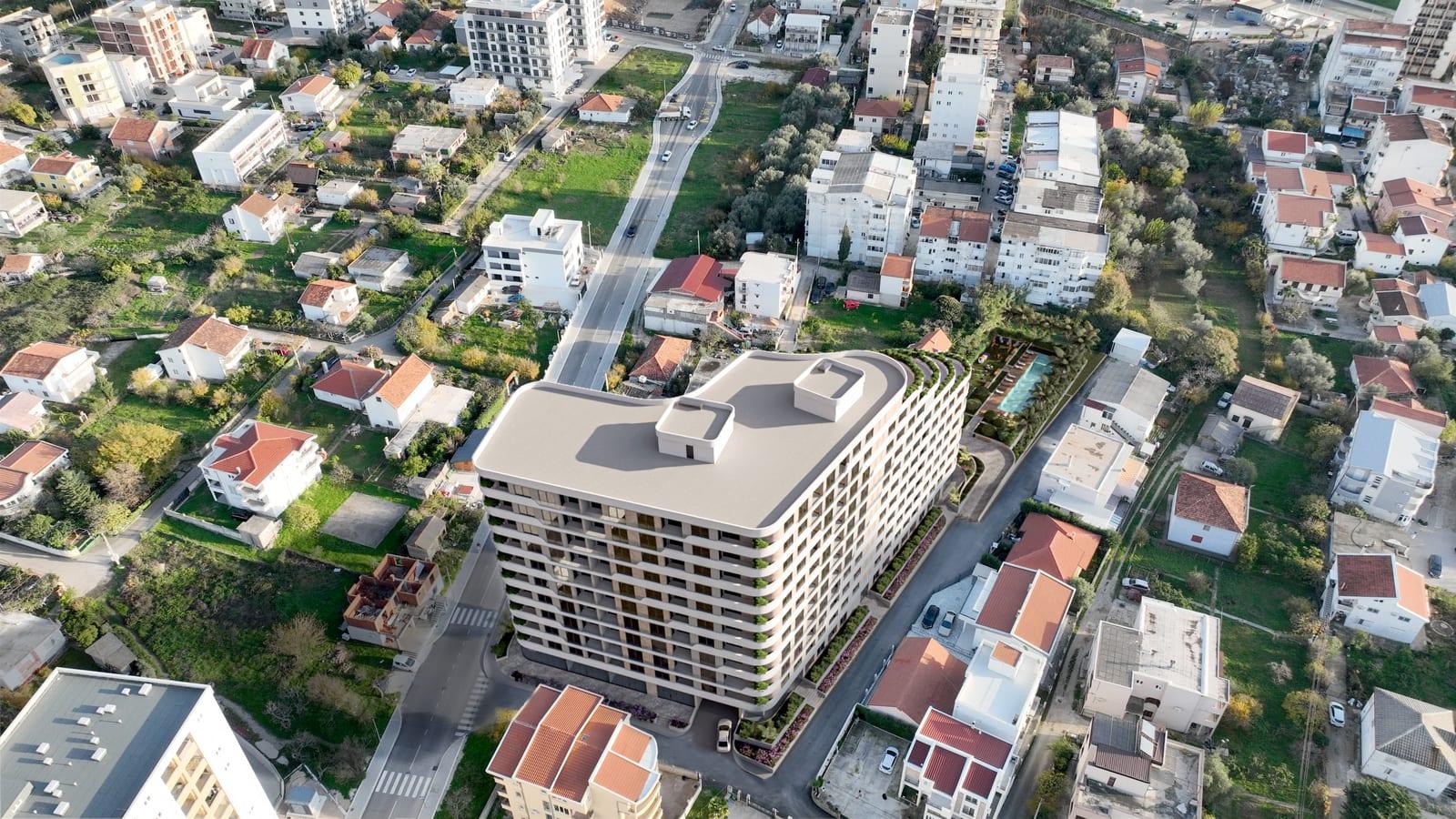 Aerial view of Terrazze Residences showing the surrounding parking and streets