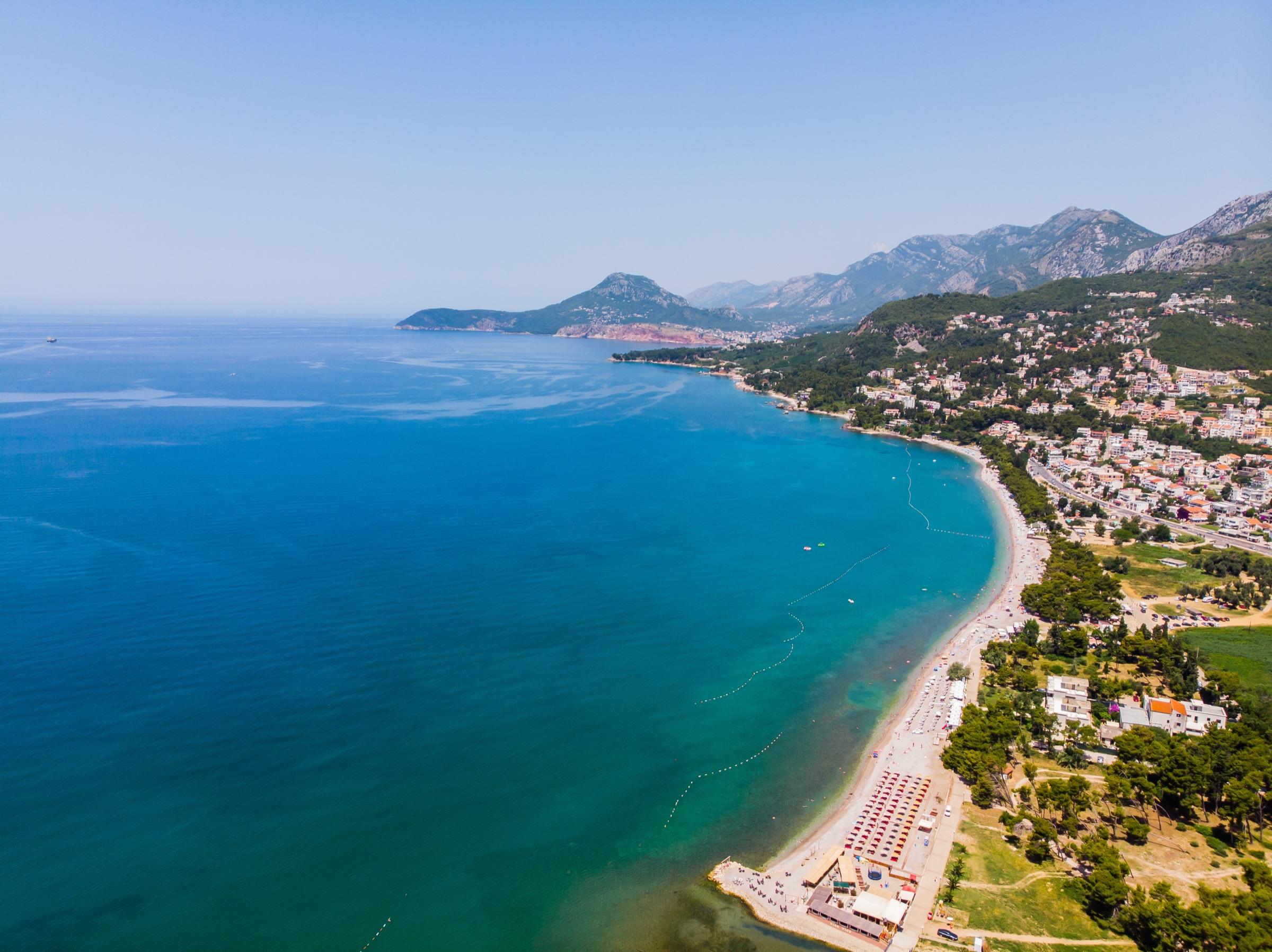 Aerial view of the Adriatic coastline near Bar, Montenegro