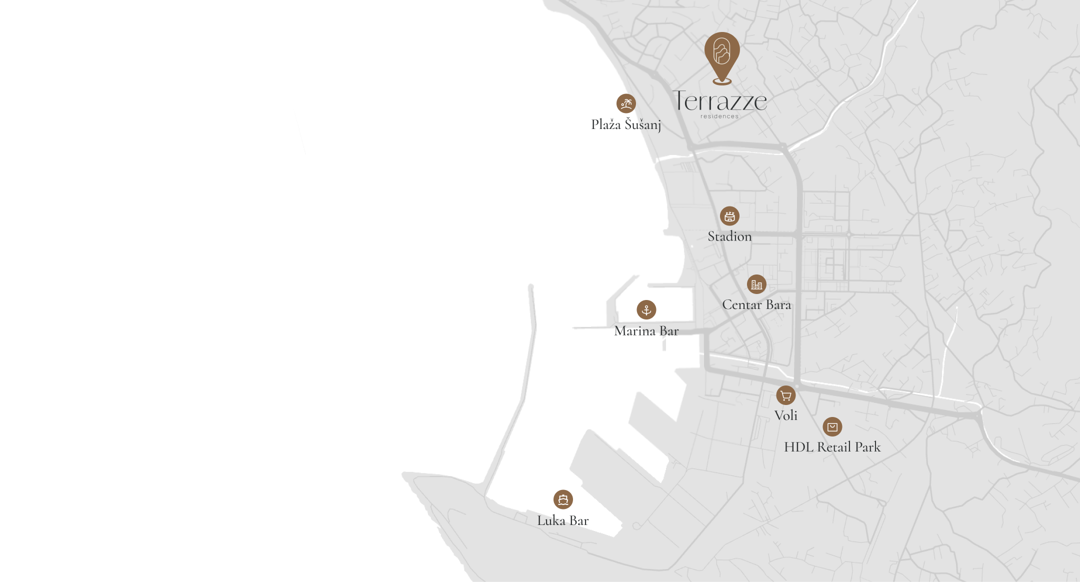 Mapa sa prikazom Terrazze Residences i obližnjih znamenitosti u Baru, Crna Gora